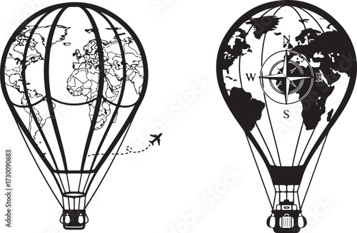 Two Hot Air Balloons with World Map Designs, Featuring Compass and Airplane Elements