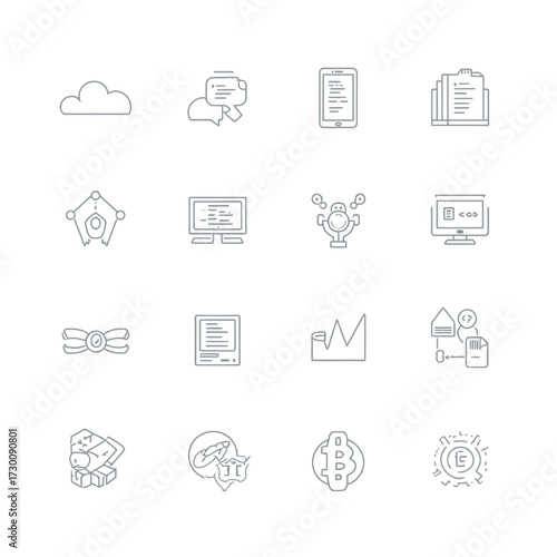 Set of thin line vector icons representing modern technology concepts like software development, data analytics, and cloud computing