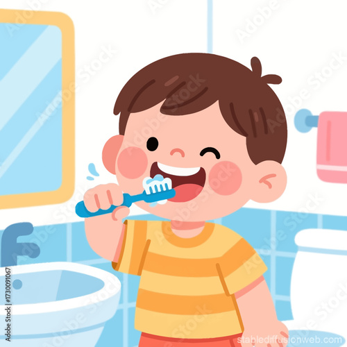 Happy Boy Brushing Teeth A Fun and Healthy Dental Care Routine in a Cheerful Bathroom