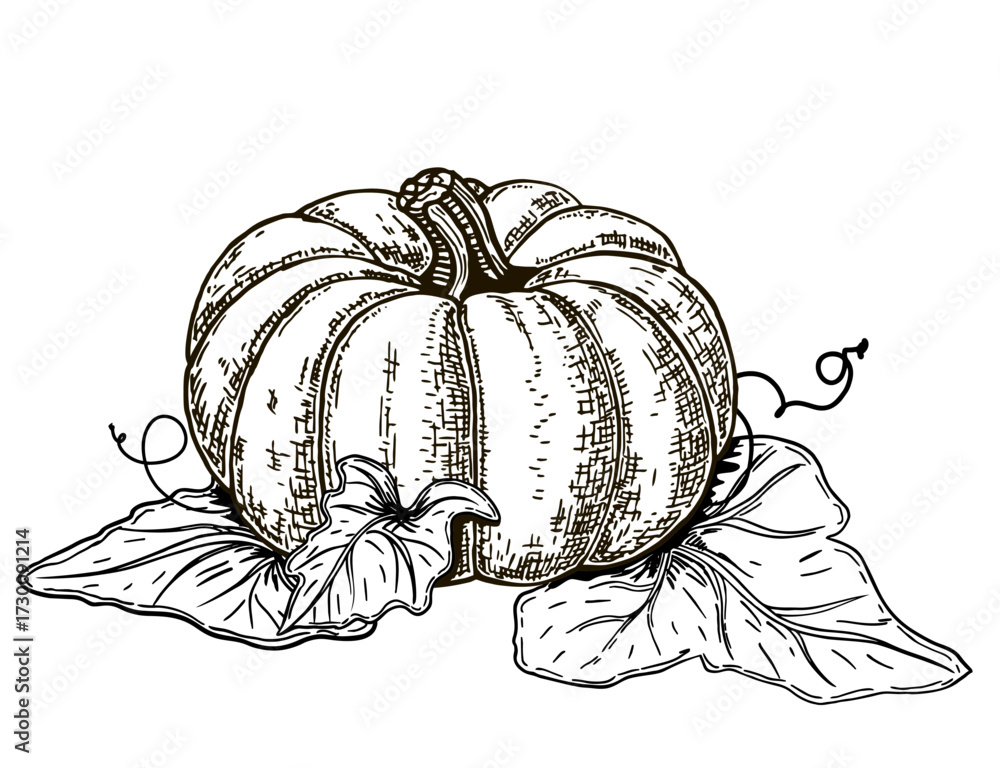 custom made wallpaper toronto digitalHand drawn pumpkin with leaves and vine in sketch style isolated on white background. Thanksgiving. Plants sketches