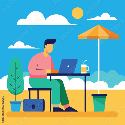 Man working on a laptop outdoors at a table with a drink under an umbrella on a sunny day with clouds and a plant