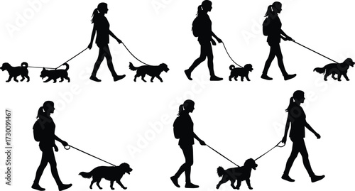 Silhouette woman walking dog on leash, female pet owner outdoor activity, people with dogs, lifestyle, friendship, exercise, pet care vector illustration