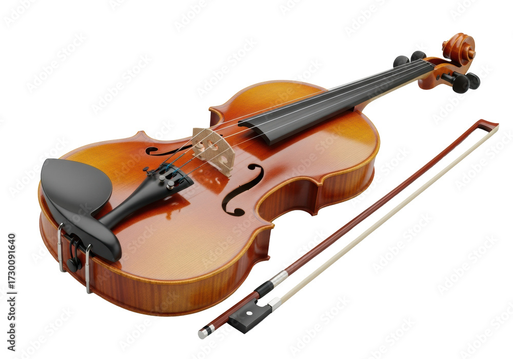 Fototapeta premium Classic, polished wooden violin, rich brown tones, intricate details, black chin rest, with a bow, angled 45 degrees on a clean transparent background, professional product photography concept