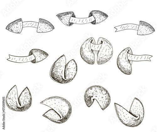 Cookie with predictions set. Traditional Chinese pastries. Predictions or unexpected messages on paper strips