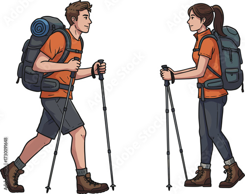 Cartoon hikers, trekking poles, backpacks, hiking boots, outdoor gear, nature lovers, mountain adventure, travel couple, exploration