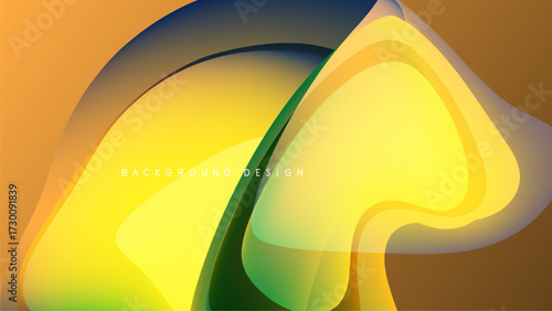 Abstract fluid shapes, vibrant yellow, orange hues dominate dark background. Smooth gradients create dynamic visual flow.