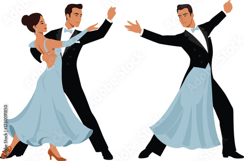 Elegant ballroom dancers, formal attire, synchronized movement, graceful pose, tuxedo, flowing gown, partner dance, performance art