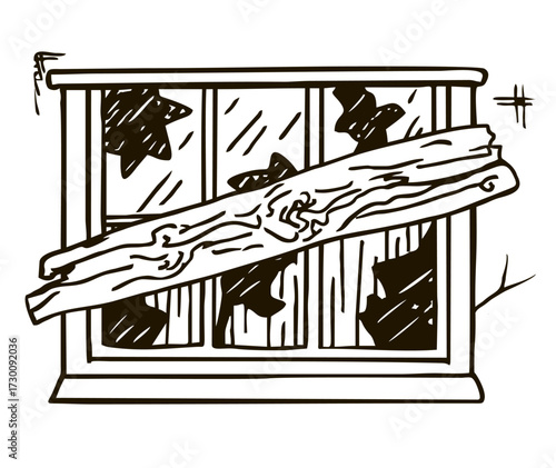Broken and boarded up window sketch. Abandoned house window. Concept symbol, hand drawn illustration