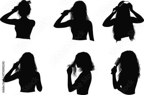 Silhouette woman combing hair, female brushing hairstyle, beauty hair care illustration, fashion grooming poses, long wavy hair maintenance, elegant feminine design