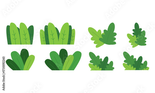 Leafy shrubs vector set, decorative flat greenery design elements