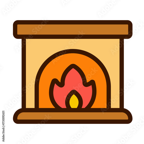 Cozy fireplace with flame in colorful outlined style. Great for Christmas party icons, winter visuals, festive decorations, and seasonal graphics.