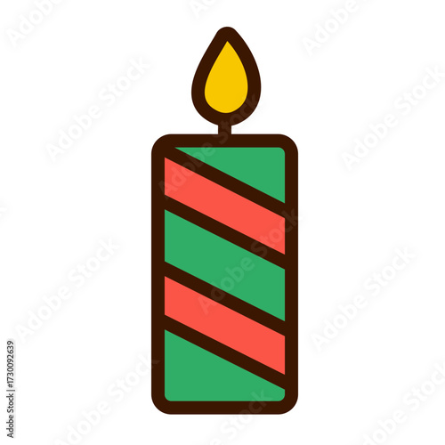 Striped red and green candle in colorful outlined style. Great for Christmas decorations, festive visuals, seasonal graphics, and holiday themes.