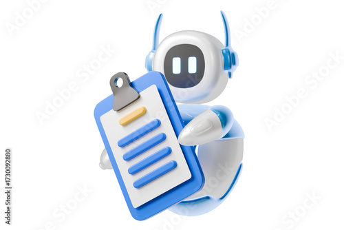 3d ai robot holding clipboard icon. task management concept. Minimal cartoon bot assistant mascot for project management banner. isolated on white background. 3d render.