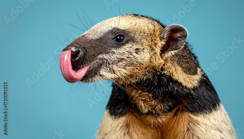 Curious giant anteater with long tongue out, exploring its environment with a playful expression