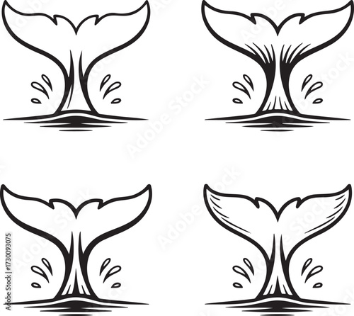 Set of Whale tail Outline vector illustration isolated On Transparent Background