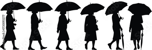 Silhouette women walking with umbrella, rainy day, protection, fashion, weather, street scene, shadow figure, storm, lifestyle, elegant, city life