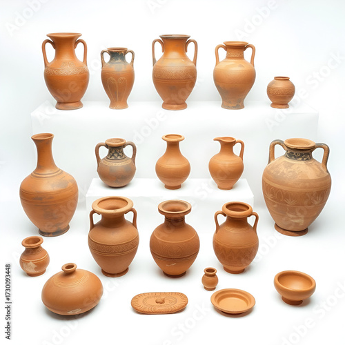 Archaeological ancient clay vases and amphoras of different shapes with ornament set on a white background. Collection of ancient clay products