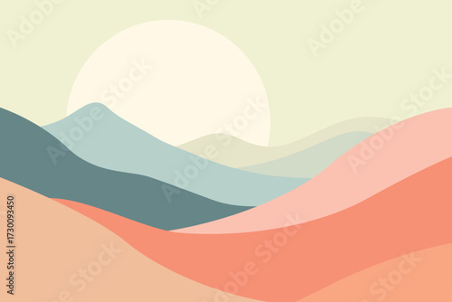 Abstract Pastel Landscape with Wavy Hills and Sun – Minimalist Nature Illustration