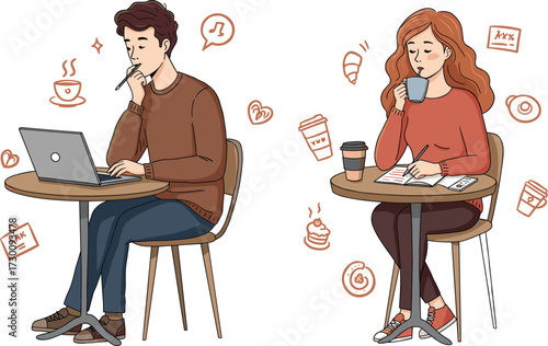 Laptop work, sipping coffee, writing in notebook, coffee shop, man, woman, independent work, casual cafe, study session, creative environment