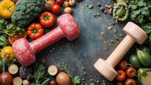 Fresh ingredients and a dumbbell, representing the synergy between healthy food choices and regular exercise for a balanced lifestyle
