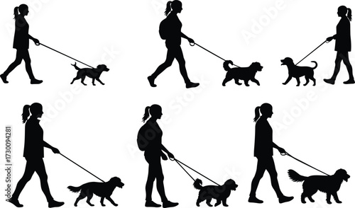Woman walking dog silhouette, female pet owner walking with dog on leash, outdoor activity, pet care, friendship, lifestyle vector illustration
