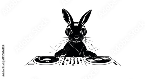 Black and white illustration of a rabbit DJ wearing headphones and mixing music on turntables bunny
