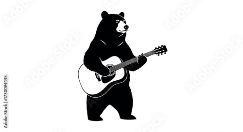 Black bear playing an acoustic guitar on a white background Keywords: bear, playing, guitar, acoustic, music, instrument, animal, wildlife