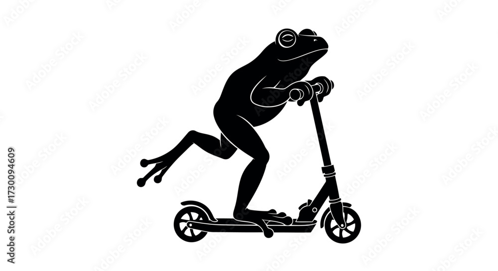 Fototapeta premium Black silhouette of a frog riding a scooter on a white background Keywords: frog, scooter, riding, silhouette, amphibian, animal, transportation
