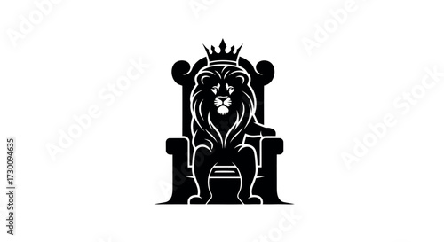 Black silhouette of a lion wearing a crown sitting on a throne on a white background king