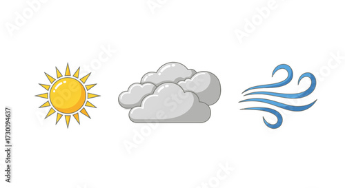Three distinct weather icons showing a bright sun, fluffy clouds, and swirling wind on a clean white background.