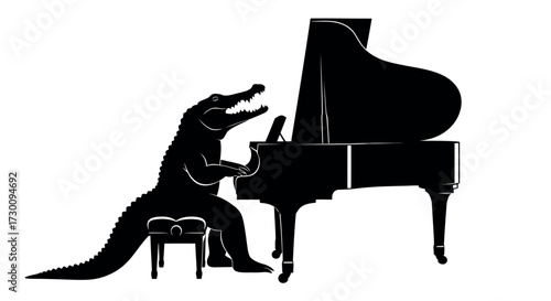 Black silhouette of an alligator playing a grand piano on a white background crocodile playing piano