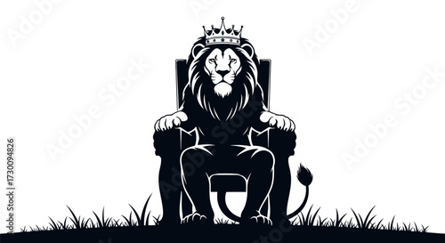 Lion King On Throne With Crown And Grass Silhouette Front View majestic