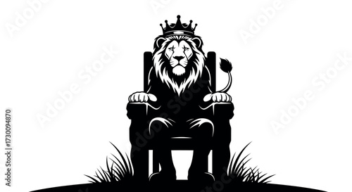 Lion King Sitting On Throne With Crown And Grass Silhouette Close Up majestic