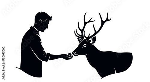 Silhouette of a man feeding a deer a small object on a white background animal
