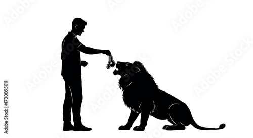 Silhouette of a man feeding a lion a piece of meat on a white background animal