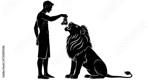 Silhouette of a man feeding a lion a piece of meat on a white background Keywords: man, lion, feeding, meat, food, animal, wild, predator, king of