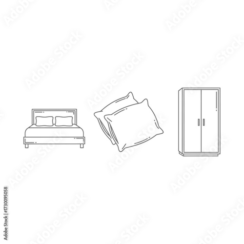 Illustration of a bed, pillows, and a wardrobe.