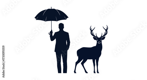 Silhouette of a man holding an umbrella next to a deer with antlers on white background person