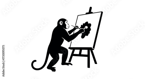 Silhouette of a monkey painting on a canvas on an easel Keywords: monkey, painting, artist, canvas, easel, art, creative, drawing, brush, paint