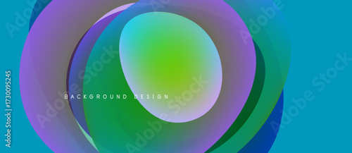 Abstract colorful circles overlap creating vibrant visual effect. Gradient shades blend smoothly, forming modern background design.