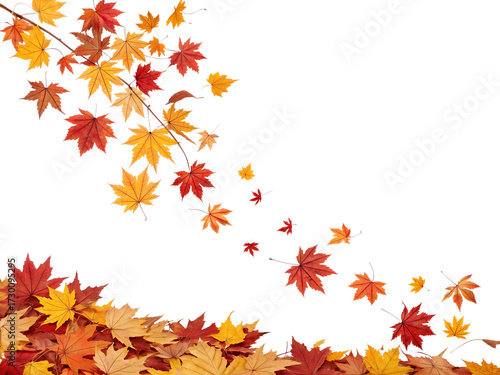 Colorful autumn leaves falling and piling up, creating a vibrant seasonal display isolated on transparent background