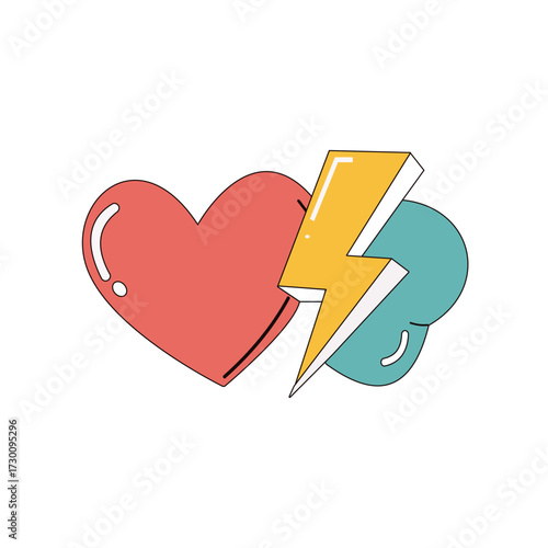 A red heart symbol with a yellow lightning bolt striking it, isolated on a