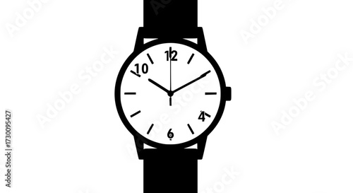 Vector art of classic wristwatch with a black band and white face displaying the time, set against a clean