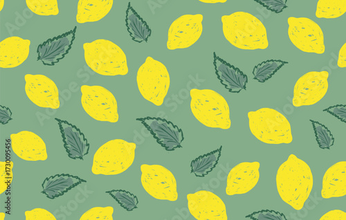 Lemons with mint leaves seamless pattern.