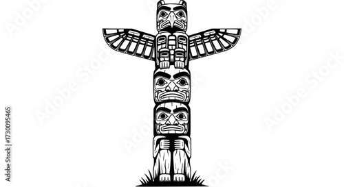Vector art of detailed totem pole, showcasing intricate carvings and symbolic figures, representing cultural heritage and artistic expression in monochrome