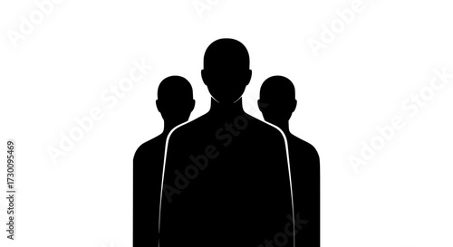 Vector art of three silhouetted figures stand against an, their forms featureless and uniform, creating a sense of anonymity and collective identity