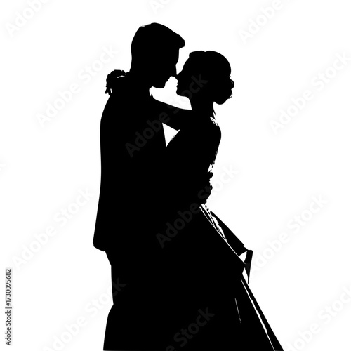 Vector art of a silhouette of a couple embracing in a romantic moment, , symbolizing love, commitment, and connection in a timeless and elegant pose