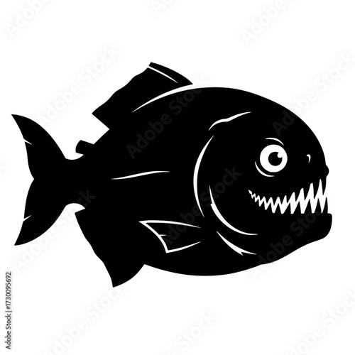 Vector art of a menacing piranha with sharp teeth, depicted in a striking black silhouette, showcases the raw power and predatory nature of this freshwater fish