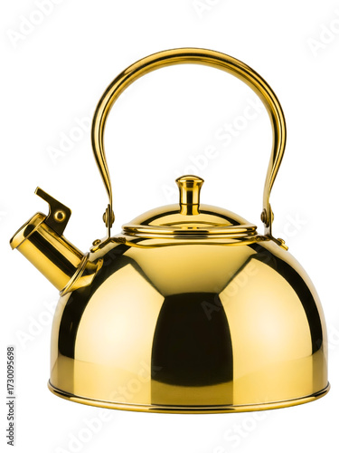 Shiny classic golden stovetop tea kettle with a curved handle on a transparent background