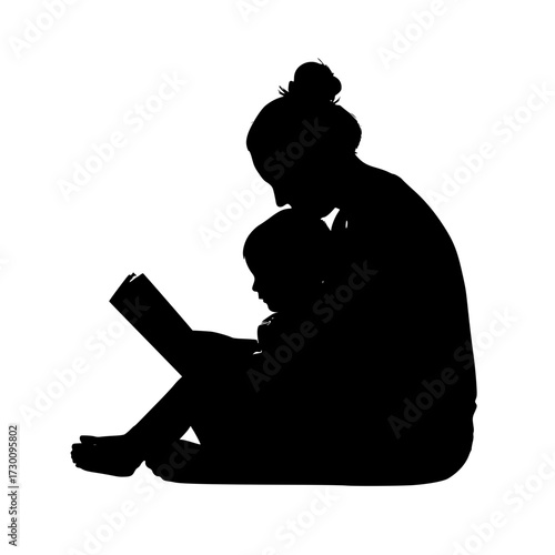Vector art of silhouette of a mother reading to her child, depicting a tender moment of bonding and learning, showcasing the power of storytelling and family connection